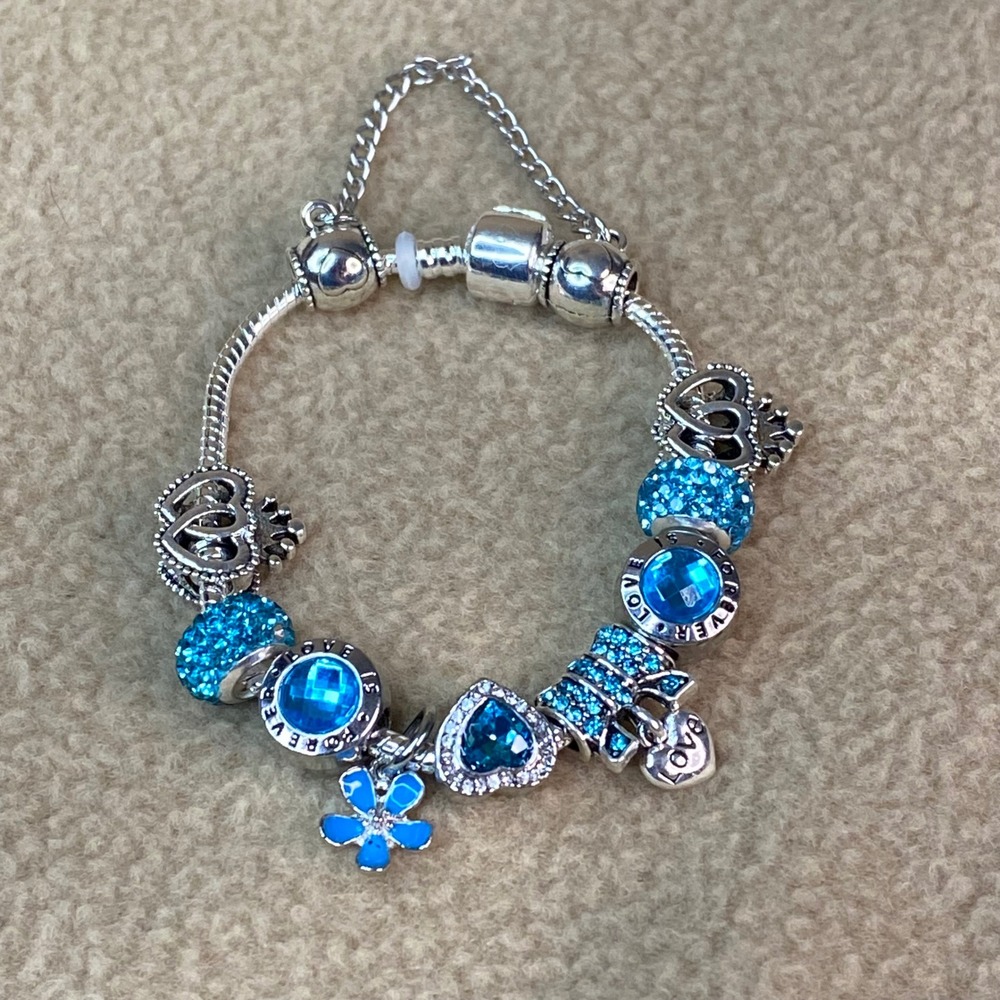 Charm Bracelet Women Blue Heart Flower Crystal Love Forever‎ Snake Chain 7in EUC